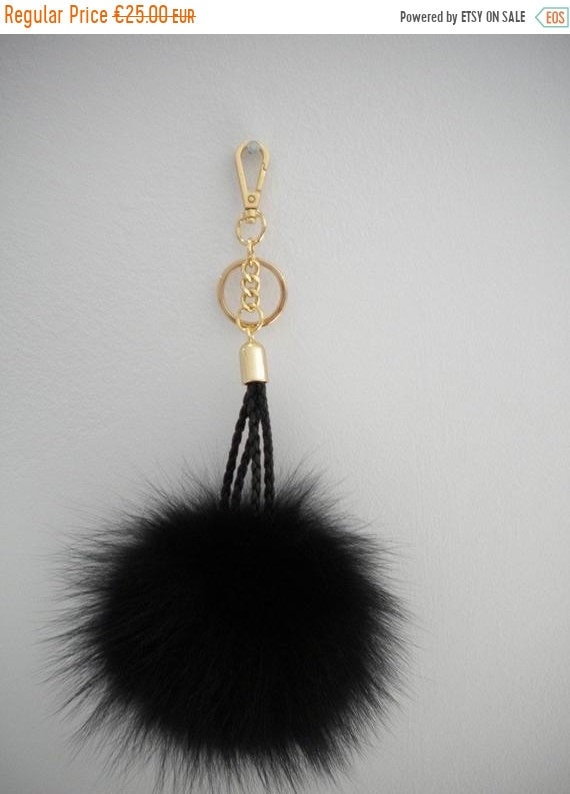 Real Black Fox Fur Bag Charm Keychain Keyring pompom with Faux Leather strap