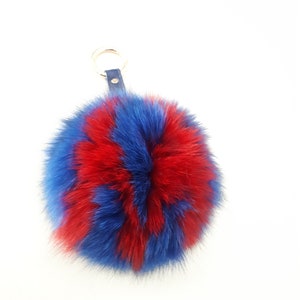 Personalized letter fur bag charm. Navy with red letter, Real fur, round ring-clasp. image 2