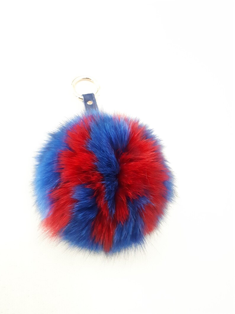 Personalized letter fur bag charm. Navy with red letter, Real fur, round ring-clasp. image 2