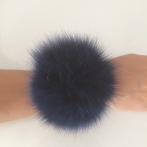 Navy Fox scrunchie, ponytail holder, elastic, furry ball. Fur hair holder.