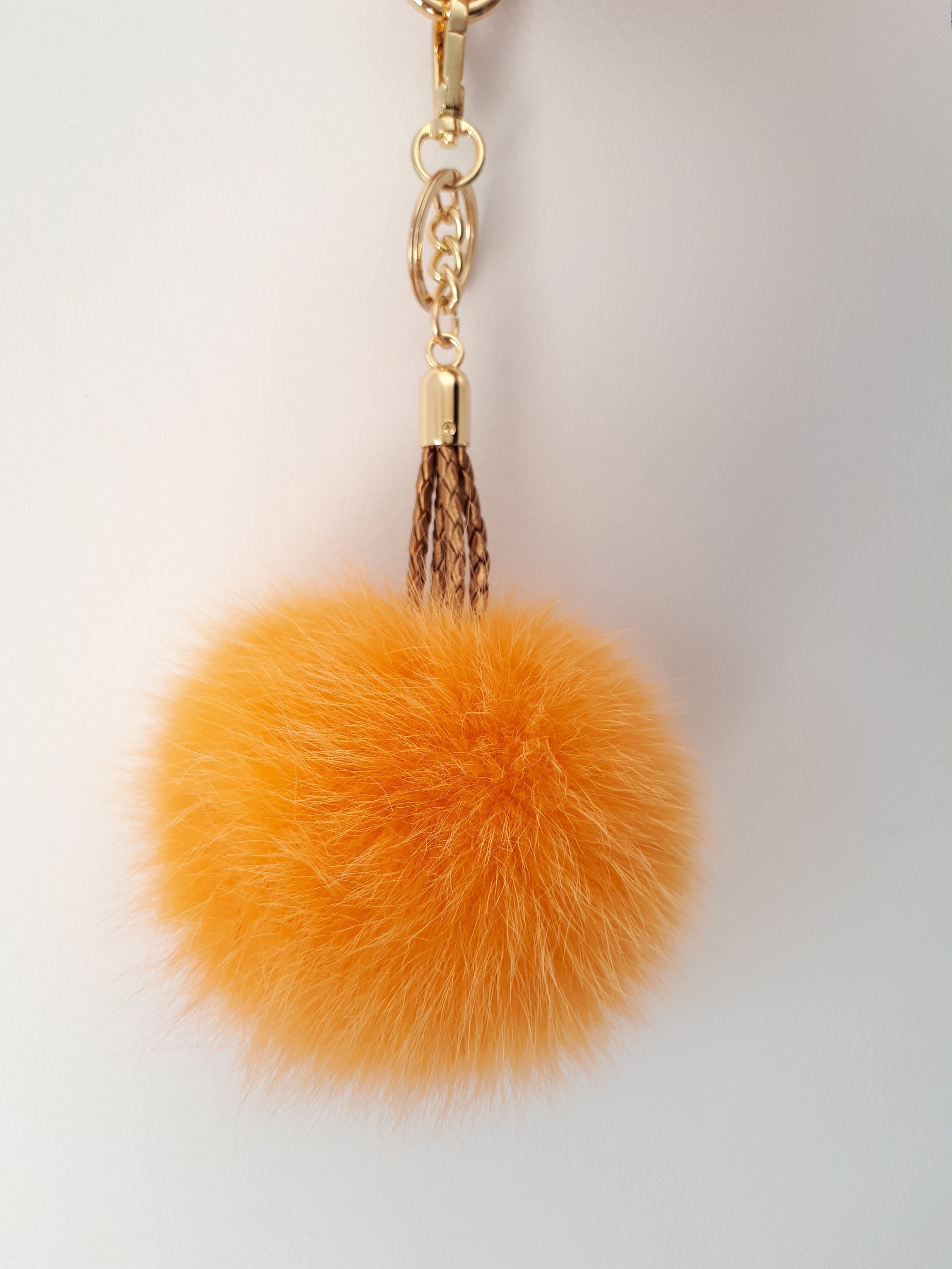 Real fox fur bag charm pompom yellow/orange color keychain,fur ball,real fur  pom pom ,real fox pom,pom pom keychain,real fur bag accessory