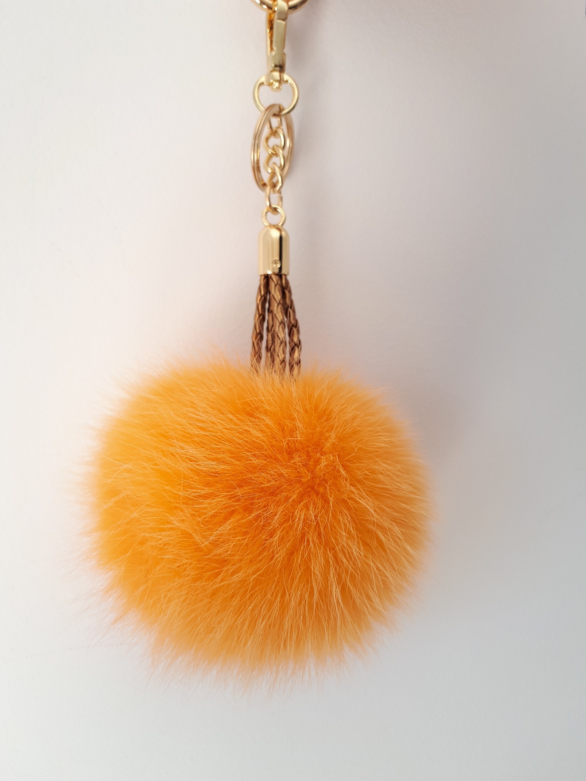 Orange Puff Ball Keychain With Hummingbird Charm