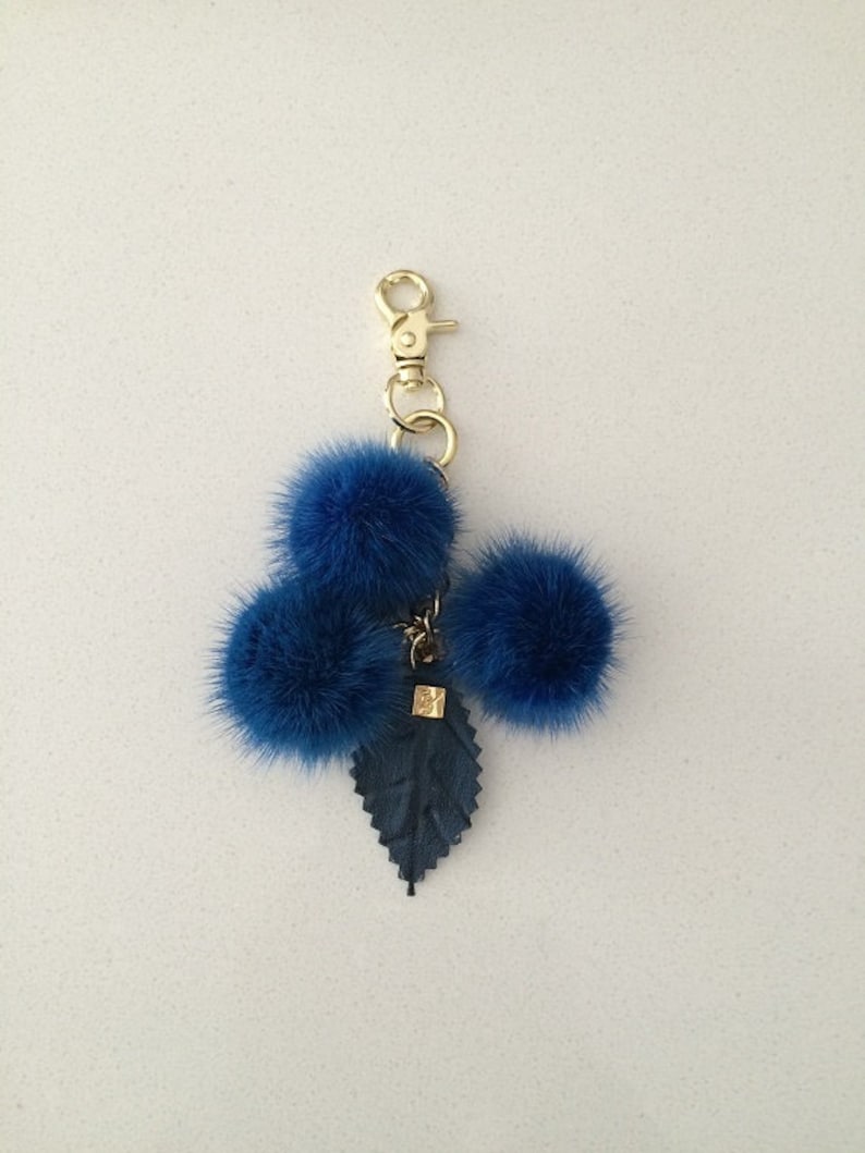 Blue Mink Bag Charm Keychain Keyring pompom with chain and Real leather Leaf