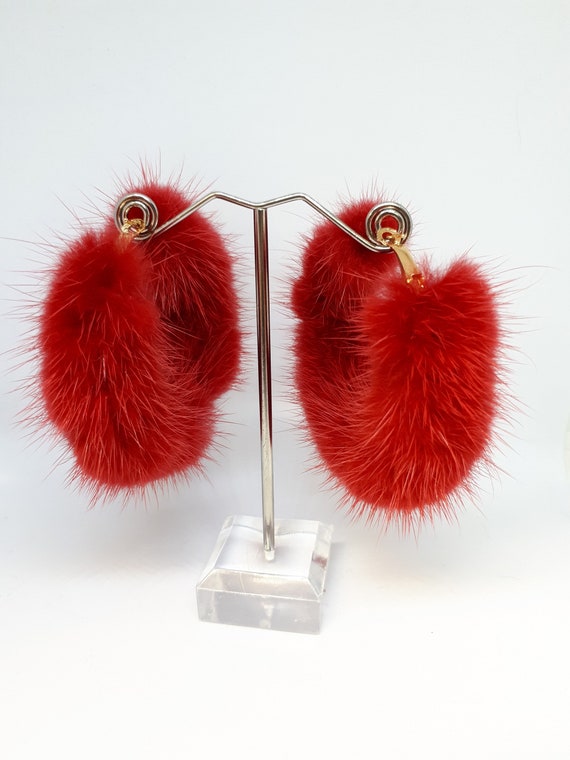 Hoop Earrings With RED Mink Fur. FUR Statement Earrings Etsy