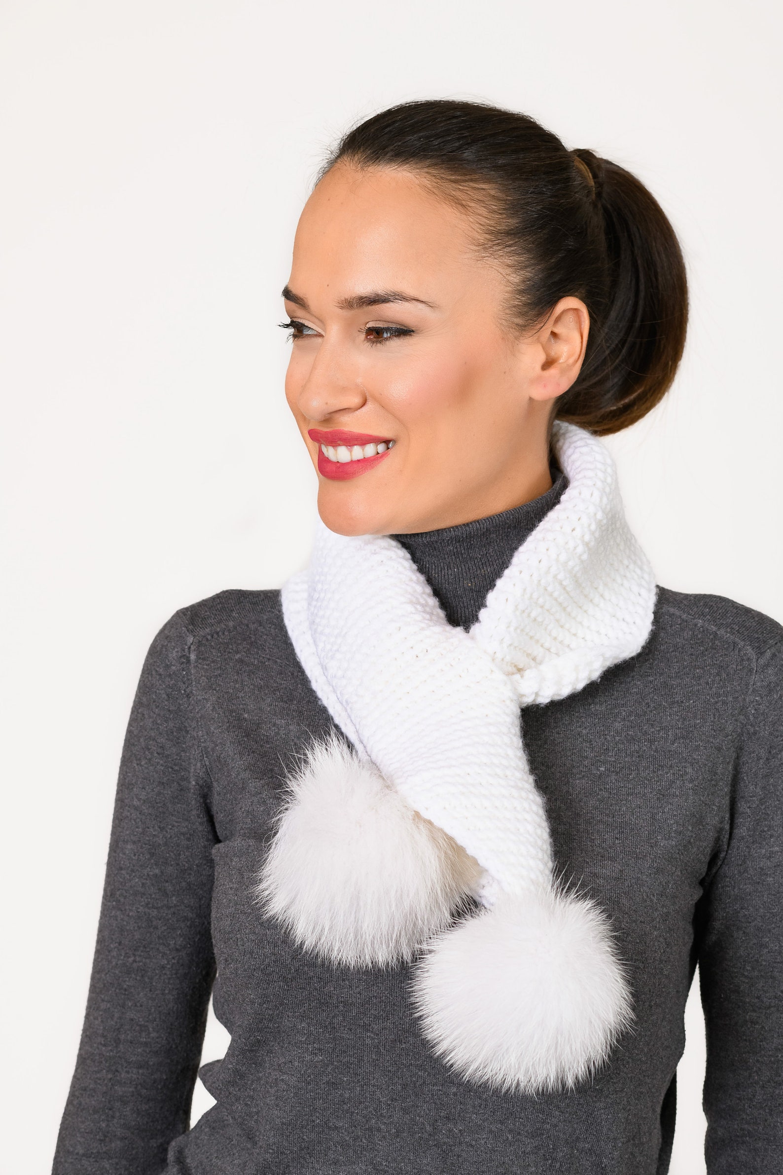 HAND KNIT White Scarf With Fur Pompoms. Handmade Knitting With Etsy