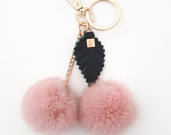 Pale pink Mink Bag Charm Keychain  pompom with  chain and Real leather Leaf.