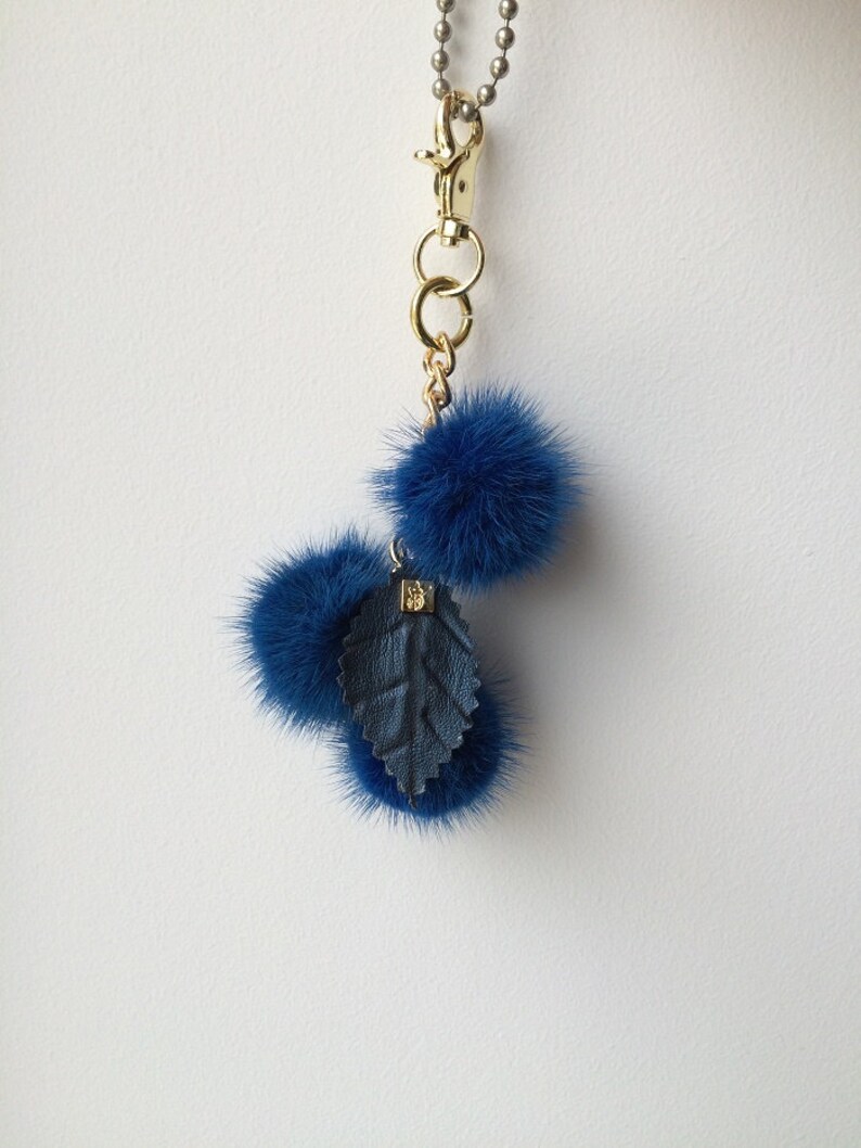 Blue Mink Bag Charm Keychain Keyring pompom with chain and Real leather Leaf