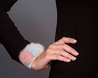 Fur pompom Wristband, leather wristband with 3 mink  fur pompoms.