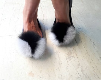 Grey-black-white  fur shoe pompom clips. Three color fox FUR Shoe embellishments.