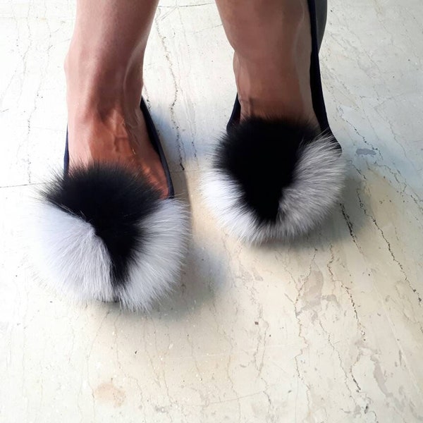 Grey-black-white  fur shoe pompom clips. Three color fox FUR Shoe embellishments.