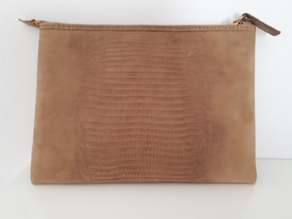 taupe suede clutch bag