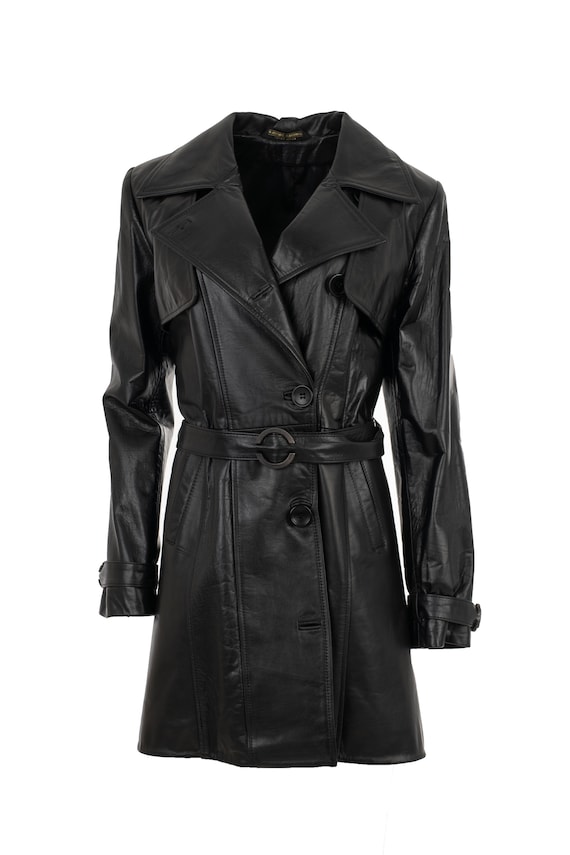 Buy Vintage BLACK Double Breasted Belted Leather Trench Coat