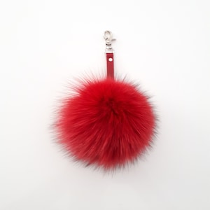 red  FUR POMPOM keyring, FLUFFY  Fox Fur Keychain  pompom with genuine leather strap.