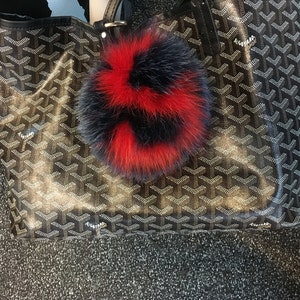 Personalized letter fur bag charm. Navy with red letter, Real fur, round ring-clasp. image 3