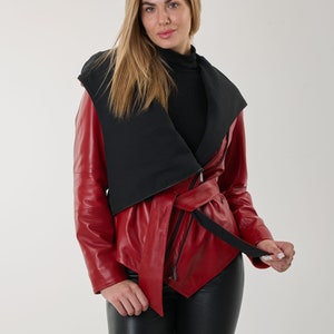 NAMI Bright red leather jacket with hood and belt. Nappa lamb leather jacket can be Customized in any size. 2 zip closures easy to fit. image 3