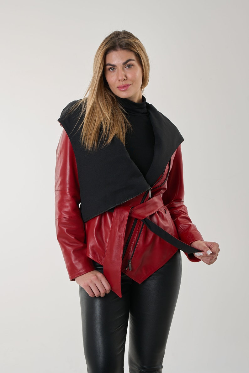 NAMI Bright red leather jacket with hood and belt. Nappa lamb leather jacket can be Customized in any size. 2 zip closures easy to fit. image 3