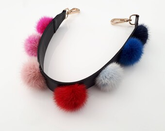 Leather bag strap with colorful fur pompoms. Removable Leather strap with mink pompoms.