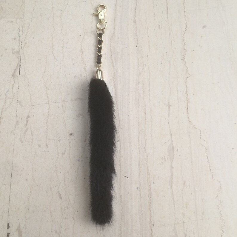 Fur lanyard. Bag charm with chain and Real leather Black Mink tail key ring