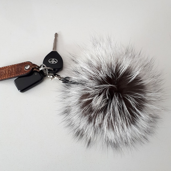 Real SILVER FOX Pompom Bag Charm Key Ring Key Chain with Genuine Leather strap