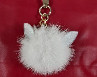 WHITE   MINK  POMPOM with leather cat ears. Small Cat  pompom keyring.