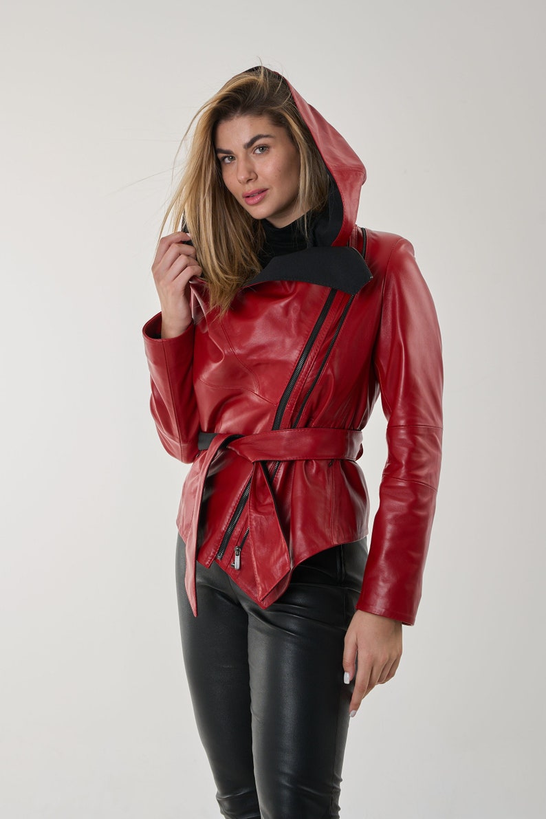 NAMI Bright red leather jacket with hood and belt. Nappa lamb leather jacket can be Customized in any size. 2 zip closures easy to fit. image 2