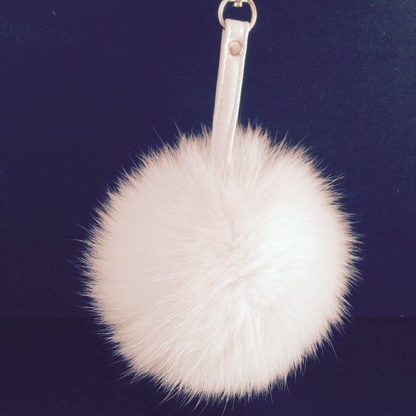 White  Fox Fur Keychain Keyring pompom with genuine leather strap
