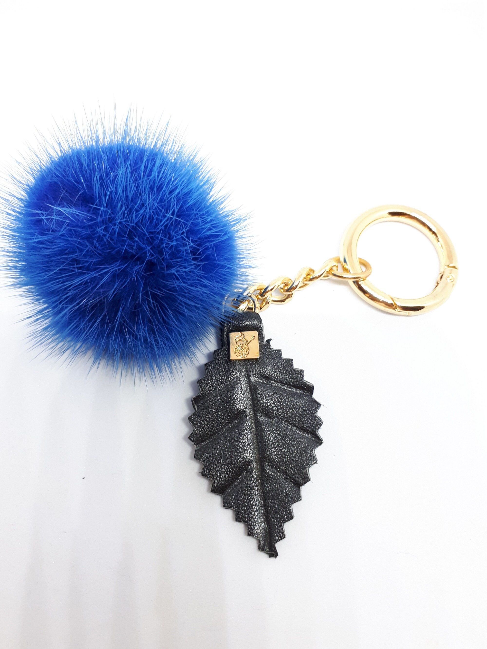 1 MINK POMPOM Bag Charm Keychain With Chain and Real Leather