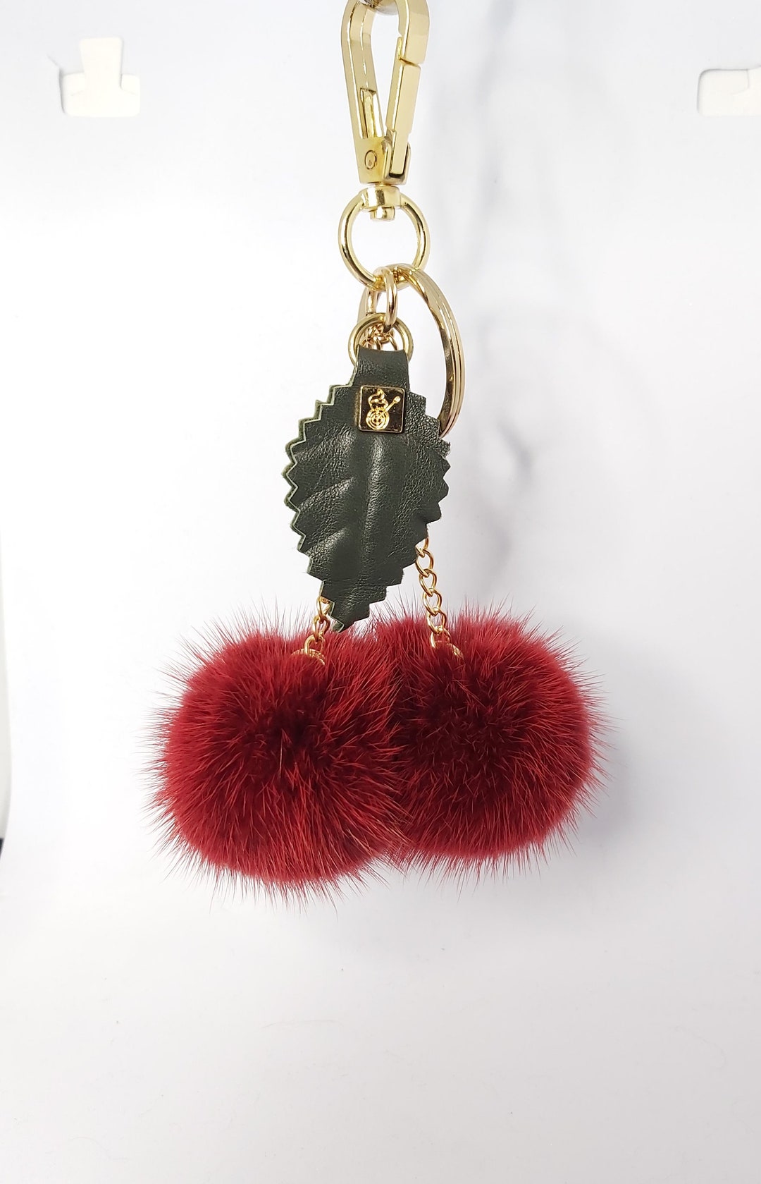 Burgundy Mink Bag Charm Keychain Pompom With Long Chain and Real ...