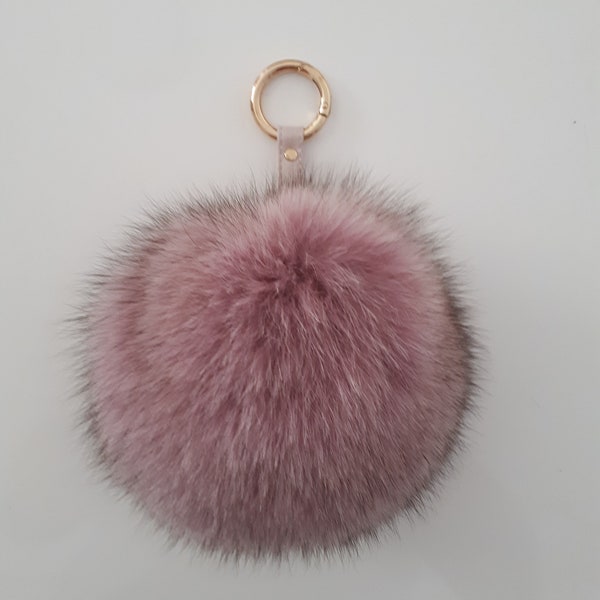 XL ruddy pink Fox Fur Keychain. BIG and FLUFFY pompom Keyring with genuine leather strap.