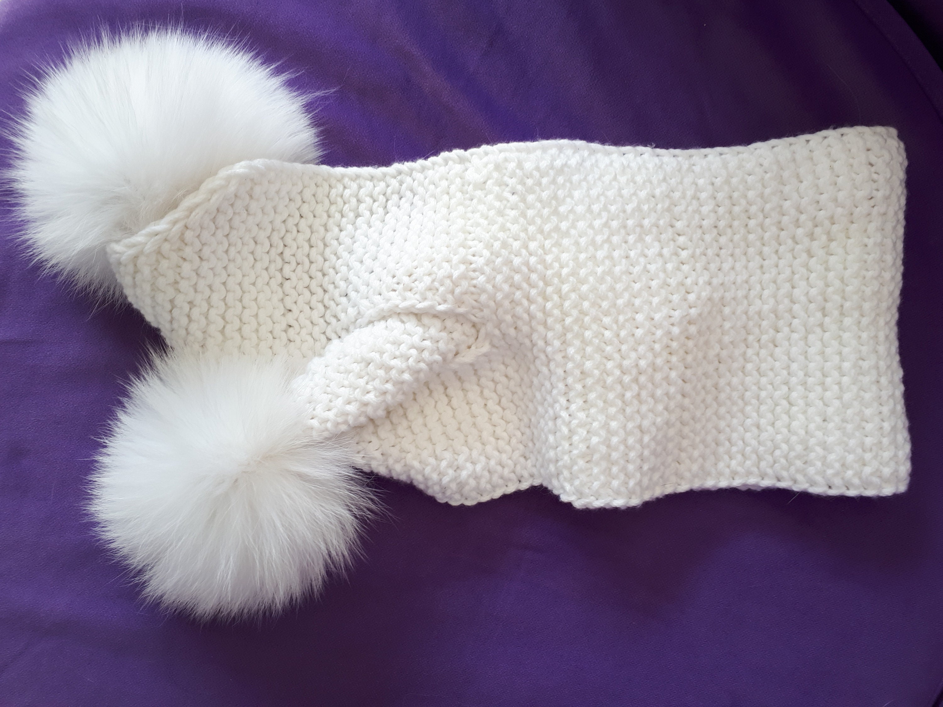 Kayla White Knit Scarf with Fur Pom Poms