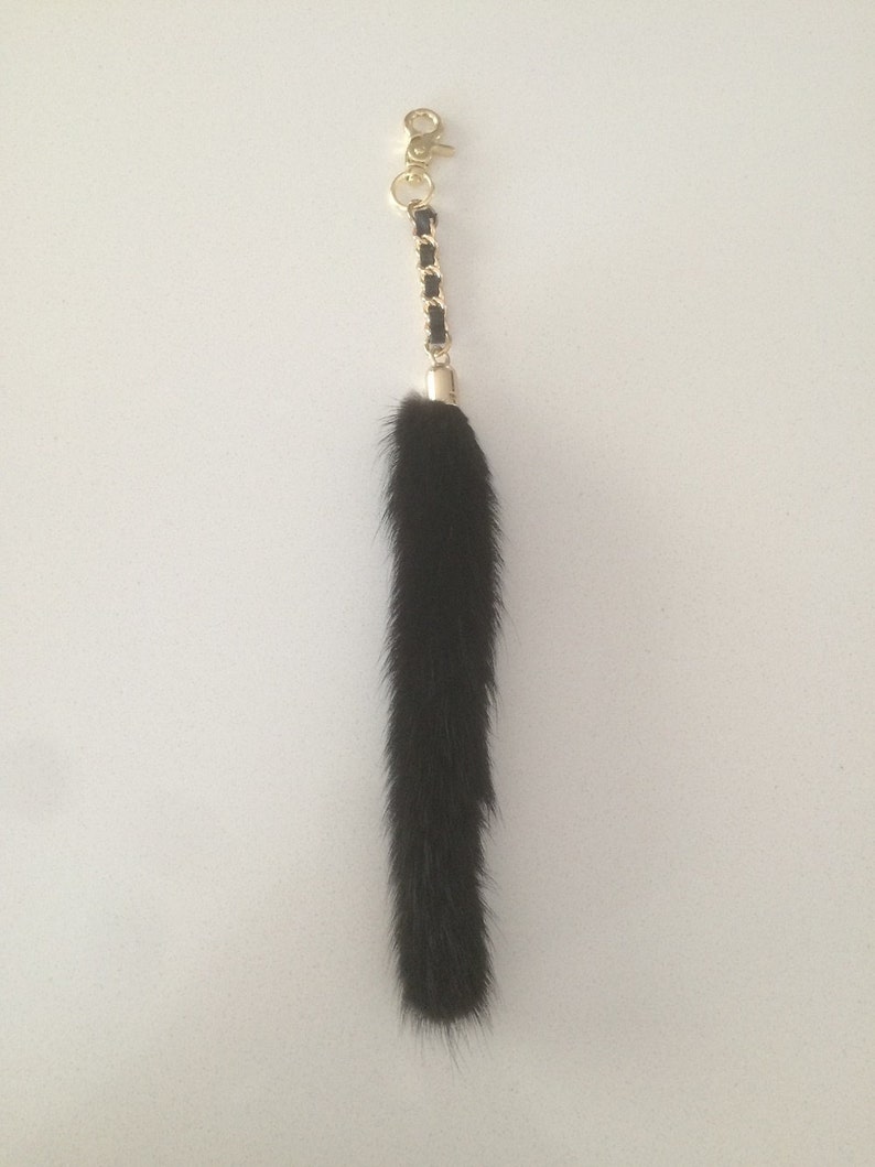 Fur lanyard. Bag charm with chain and Real leather Black Mink tail key ring