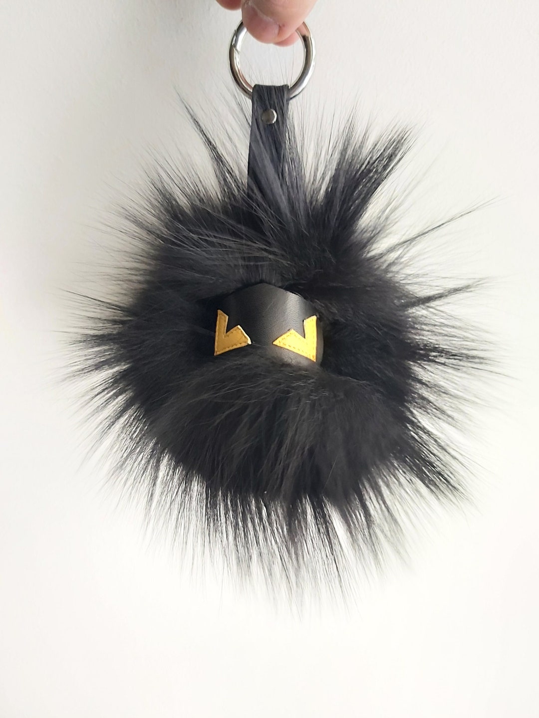 Monster Face Black Raccoon Fur Keychain Keyring Pompom With Genuine ...