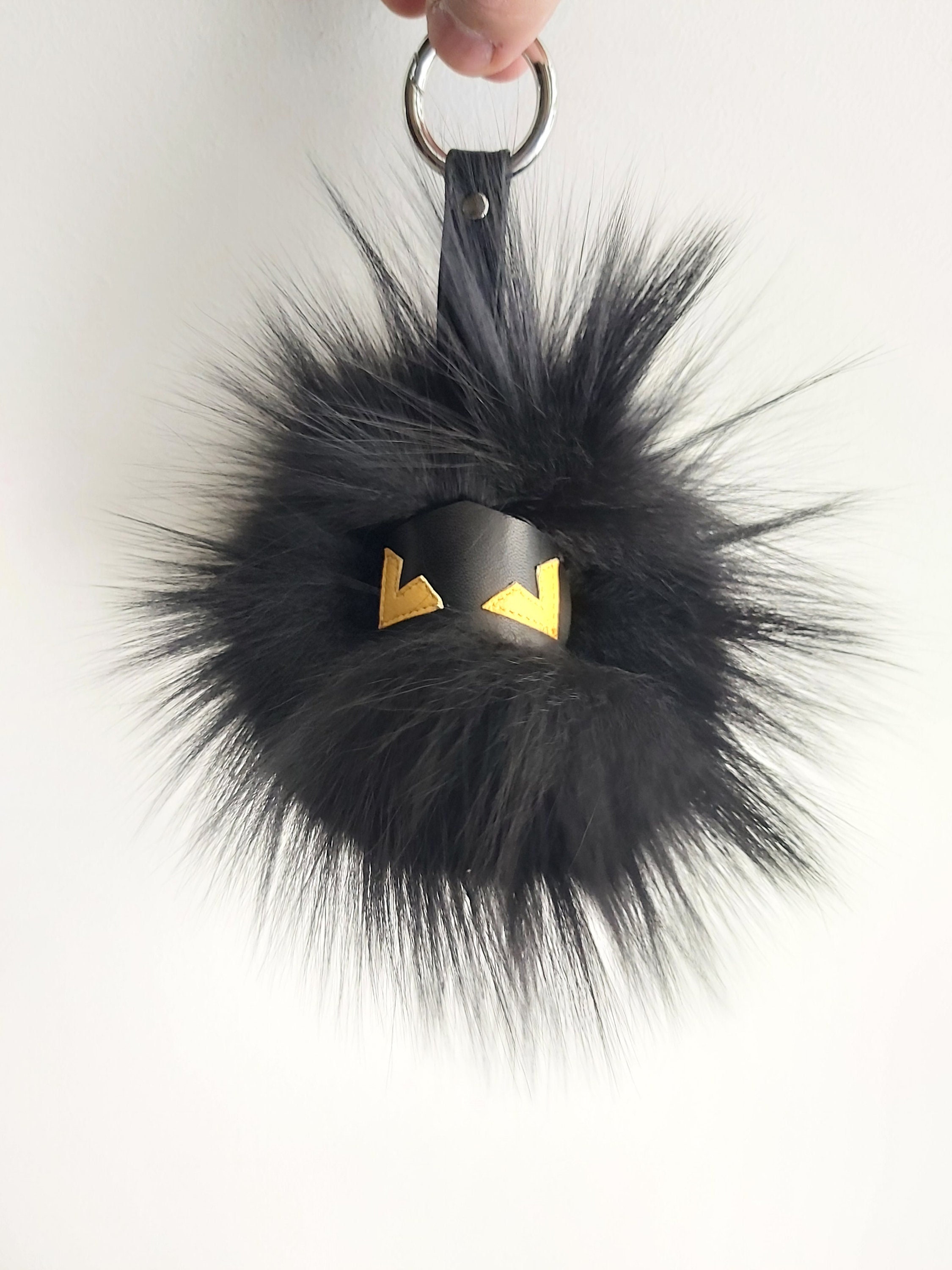 Monster Face Black Raccoon Fur Keychain Keyring Pompom With 