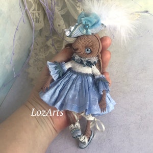 Crochet lamb doll with outfit, collectible anthropomorphic brown ewe with bead joint, small decor, 5.7 inch. OOAK