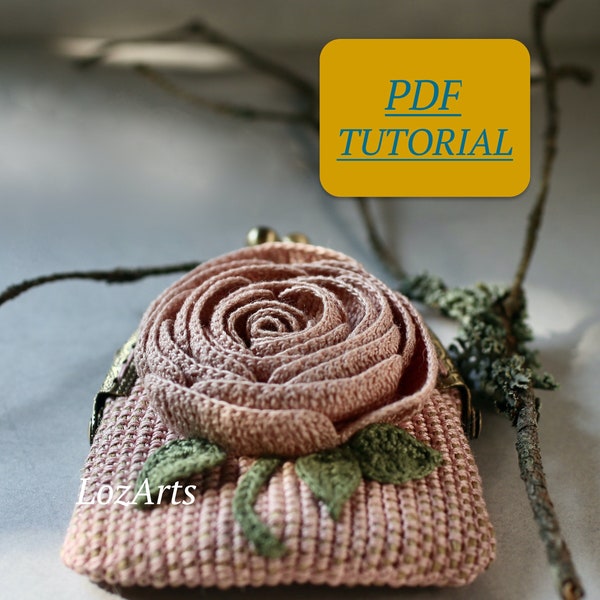 PDF-Anleitung zum Häkeln einer Geldbörse im Vintage-Stil, Tutorial für eine Rahmentasche, rosa Geldbörse mit Rosenblüte