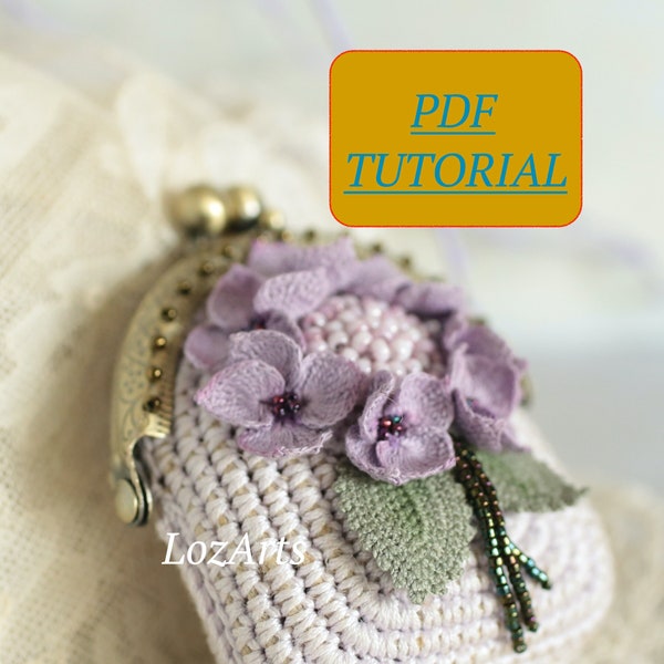 Crochet hortensia porte-monnaie Modèle PDF avec cadre kisslock, décoré de fleurs teintes à la main, petit tutoriel de sac à main au crochet, en anglais uniquement