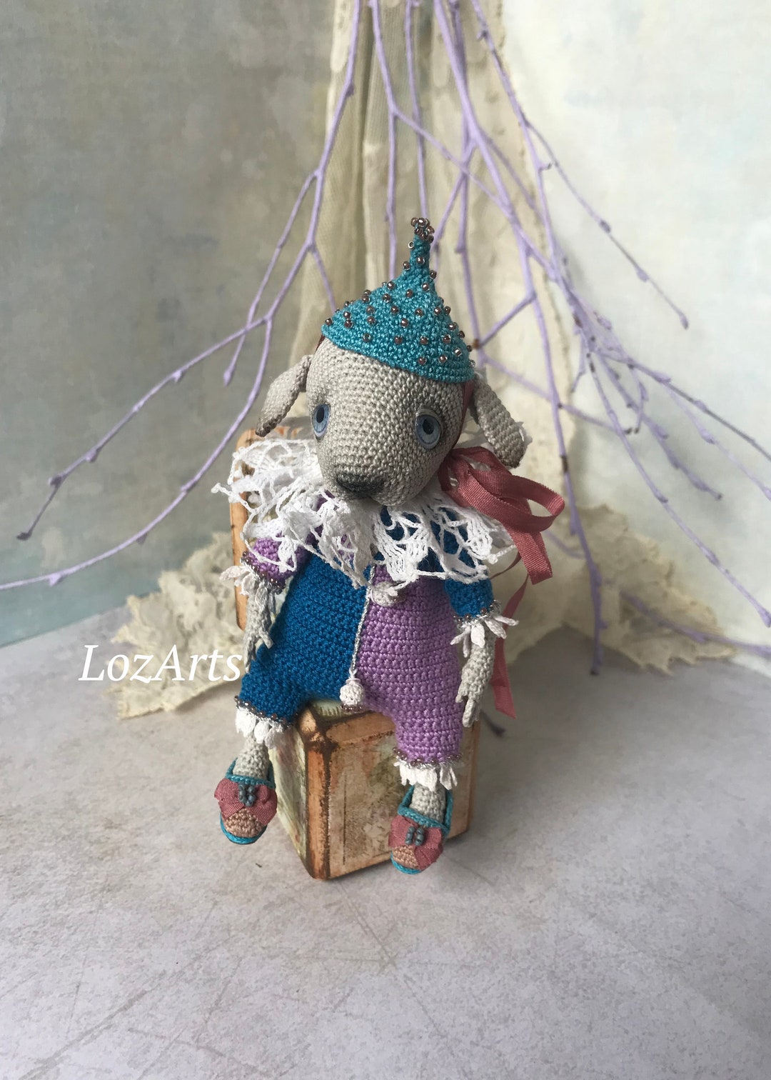 Crochet Dog, Anthropomorphic Figurine in Carnival Costume, 4.7