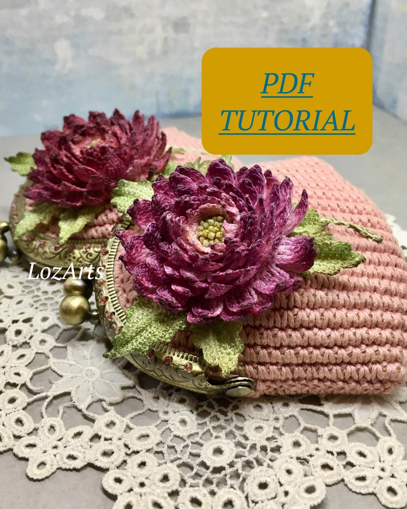 May include: A pink crocheted coin purse with a metal clasp and two pink fabric flowers. The purse is sitting on a white crocheted doily. The text "PDF TUTORIAL" is on a yellow background.