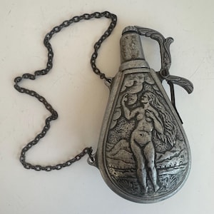 Rare Antique French Pewter Powder Flask, Metal, with Zeus  & Greek Goddess