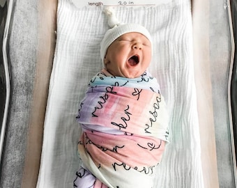 Personalized Rainbow Name Blanket / minky swaddle gown knot hat bow / hospital coming home outfit boy girl newborn baby receiving gift