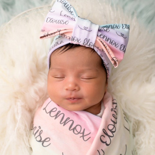 Personalized Name Blanket / Minky Swaddle Gown Knot Hat Bow / Etsy