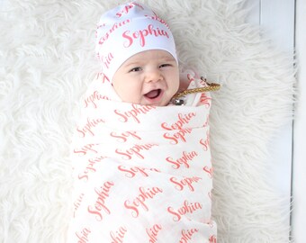 Personalized swaddle / infant headwrap with bow / knot fold hat / organic muslin / newborn blanket / name reveal / hospital personalised