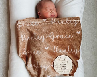 Personalized Name Blanket / minky swaddle gown knot hat bow / hospital coming home reveal outfit boy girl custom newborn baby receiving gift