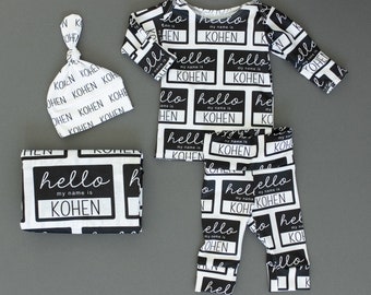 Personalized Name Blanket / minky swaddle gown knot hat bow / hospital coming home reveal outfit boy girl custom newborn baby hello tag gift