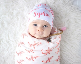 Personalized swaddle / infant headwrap with bow / knot fold hat / organic muslin / newborn blanket / name reveal / hospital personalised