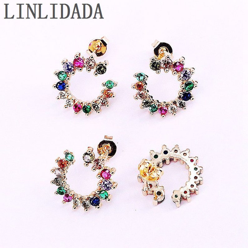 5Pairs New design gold micro pave rainbow zircon cz stud earrings for women or girls partywedding jewelry earrings