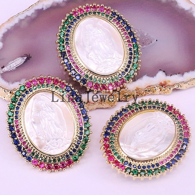 3Pcs Gold Plated Rainbow CZ Micro Pave Virgin Of Mary Charm Shell Pendant for Necklace Oval Shaped Religious Charms,
