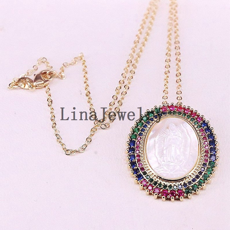 3Pcs Gold Plated Rainbow CZ Micro Pave Virgin Of Mary Charm Shell Pendant for Necklace Oval Shaped Religious Charms,