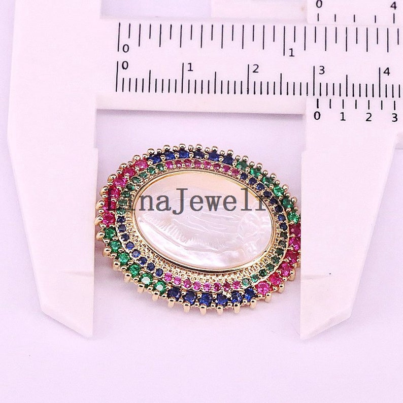 3Pcs Gold Plated Rainbow CZ Micro Pave Virgin Of Mary Charm Shell Pendant for Necklace Oval Shaped Religious Charms,