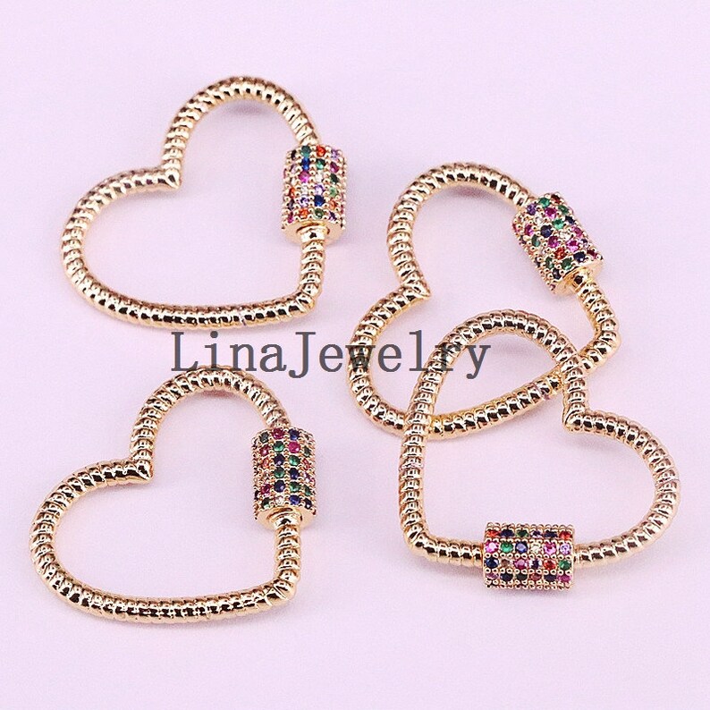 24x21mm Micro Pave Colourful CZ Heart Shaped Rope Screw Clasp For Fashion Necklace Making Beading Jewelry Findings Supplies Gold Plated